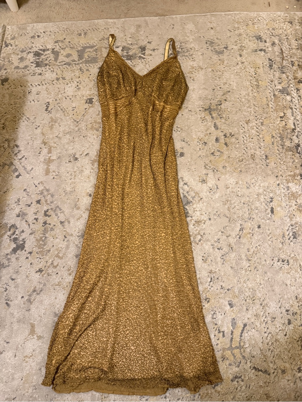 Scala Gold hand beaded Lace Maxi Slip Dress with Spaghetti Straps